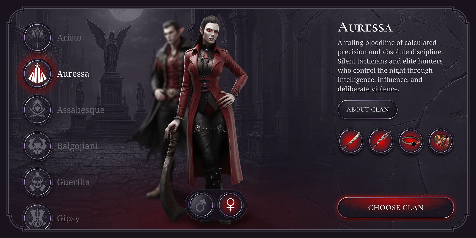 A female character in a red and black outfit holding a weapon, with three other characters and a dark background.