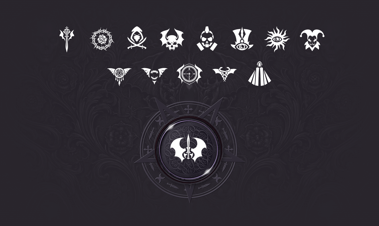 A collection of various fantasy-themed symbols and emblems arranged above a central circular design on a dark background.
