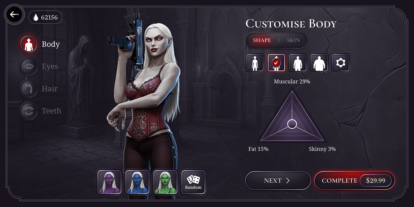 A woman with long white hair holding a gun, dressed in a corset, in a dark, gothic setting.