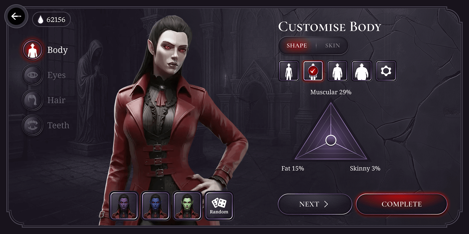 A woman with pale skin and dark makeup in a red jacket, standing in a dark, gothic environment.