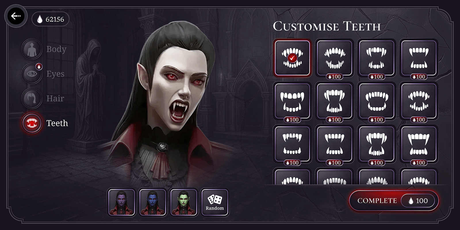 Customisable vampire character with various teeth styles in a dark, gothic setting.
