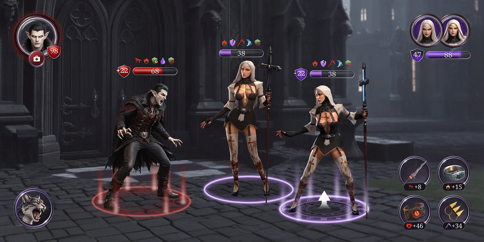 A group of three fantasy characters, two women and one man, in a dark gothic setting with magical effects.