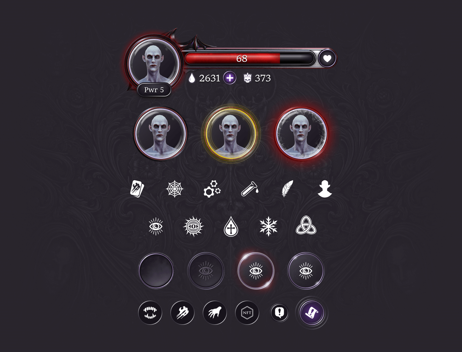 User interface screen showing three alien characters with health and power bars, icons, and options.