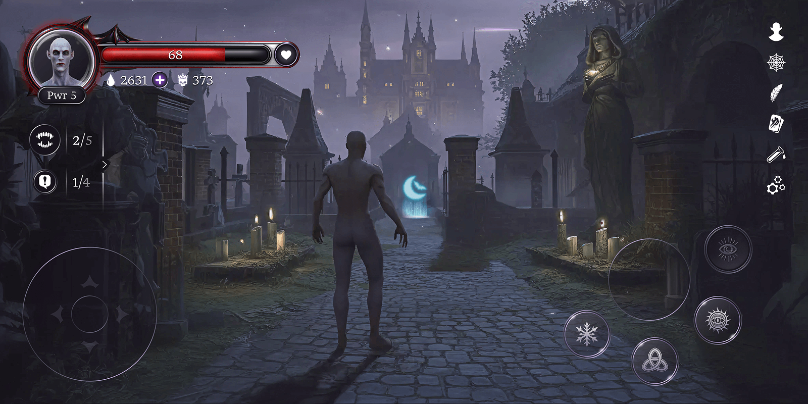A humanoid figure walking through a dark, gothic cemetery at night with statues and a large castle in the background.