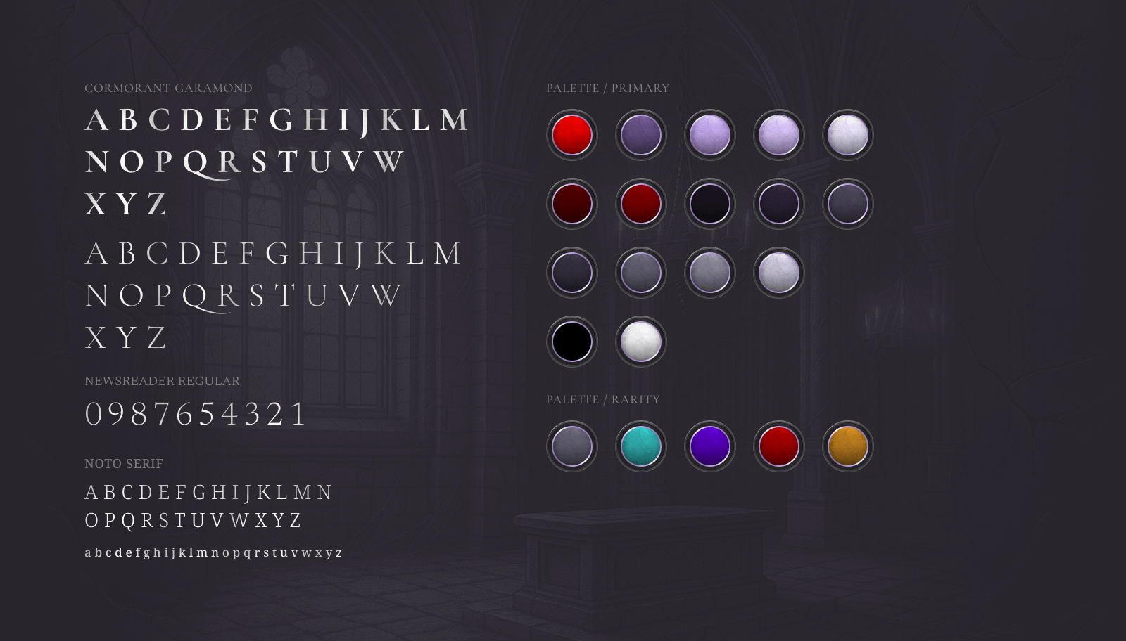 A colour palette with various shades arranged in rows, including reds, purples, greys, and a black and white option.