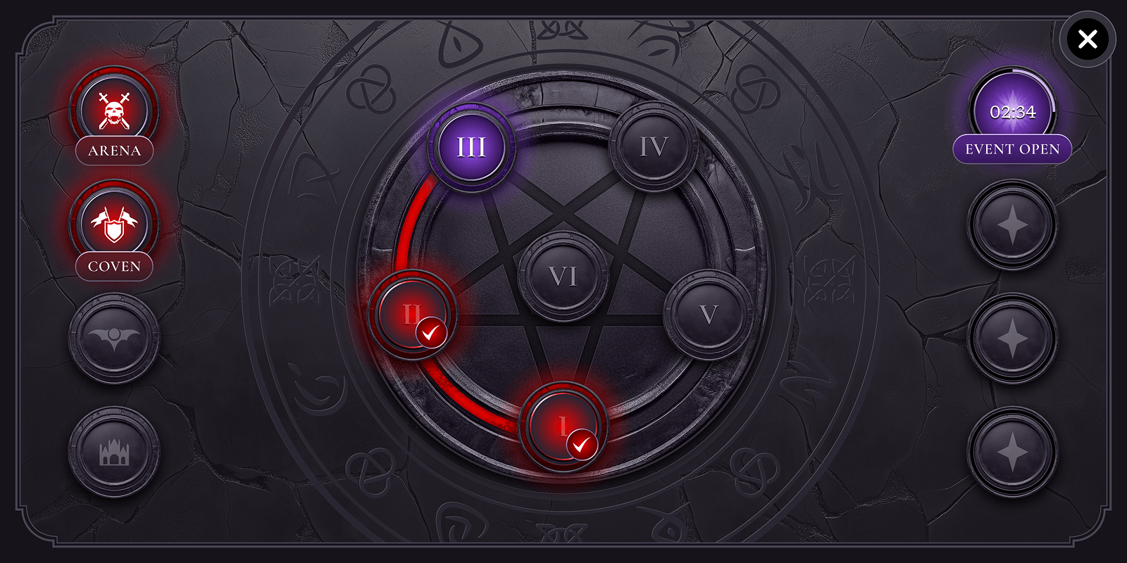 A game interface with a circular wheel, red and purple indicators, and icons for arena, coven, and event status.