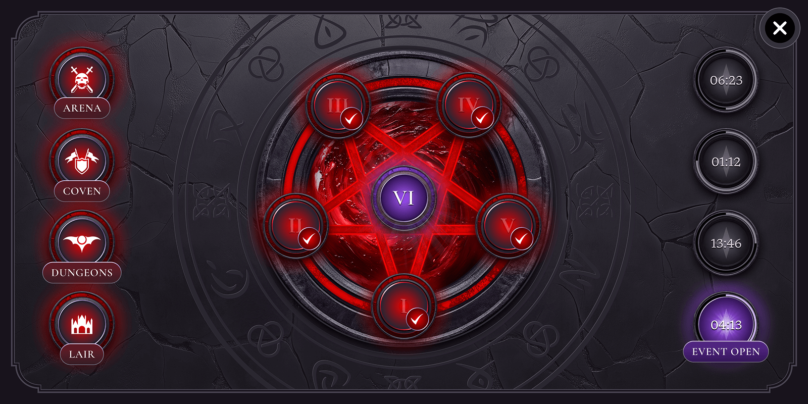 A circular game interface with six red icons around a central purple icon, and a dark background with symbols.
