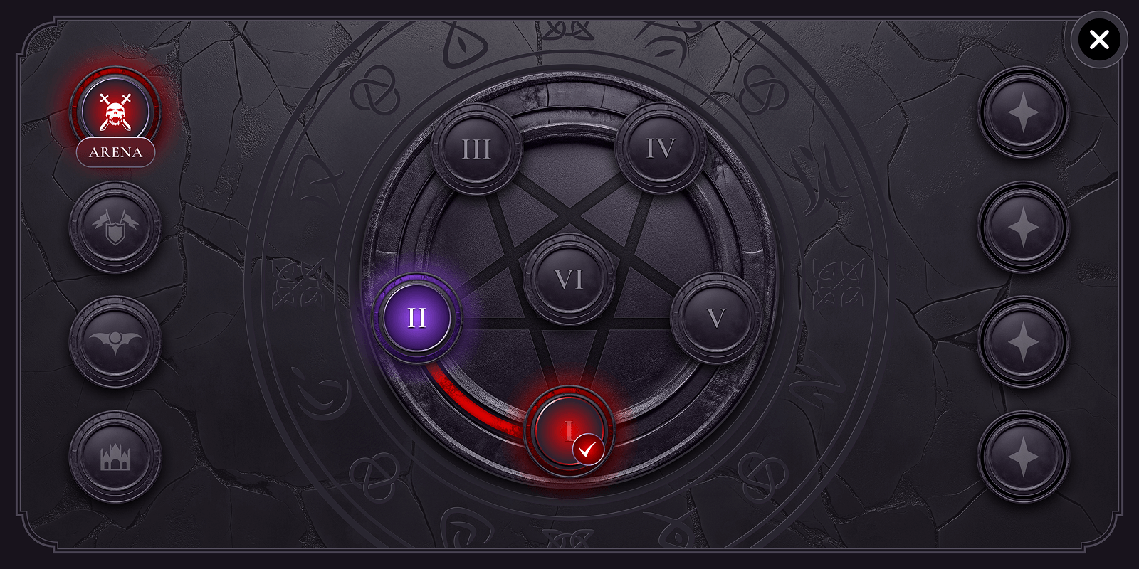 A circular game interface with numbered sections, glowing buttons, and a central red indicator.