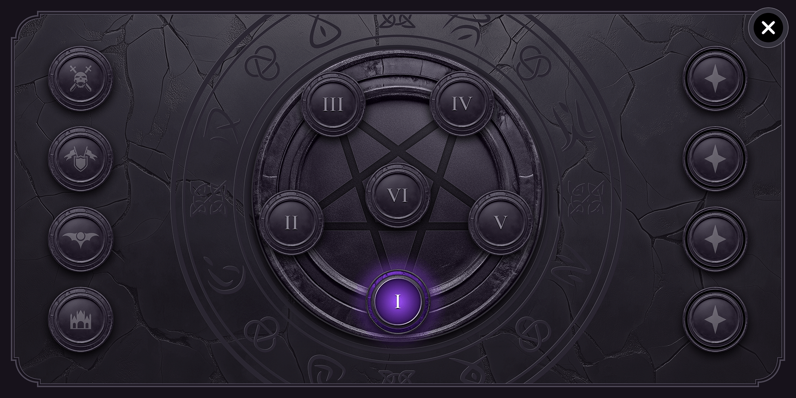 Circular magic circle with symbols and numbered buttons, featuring a glowing purple central button.