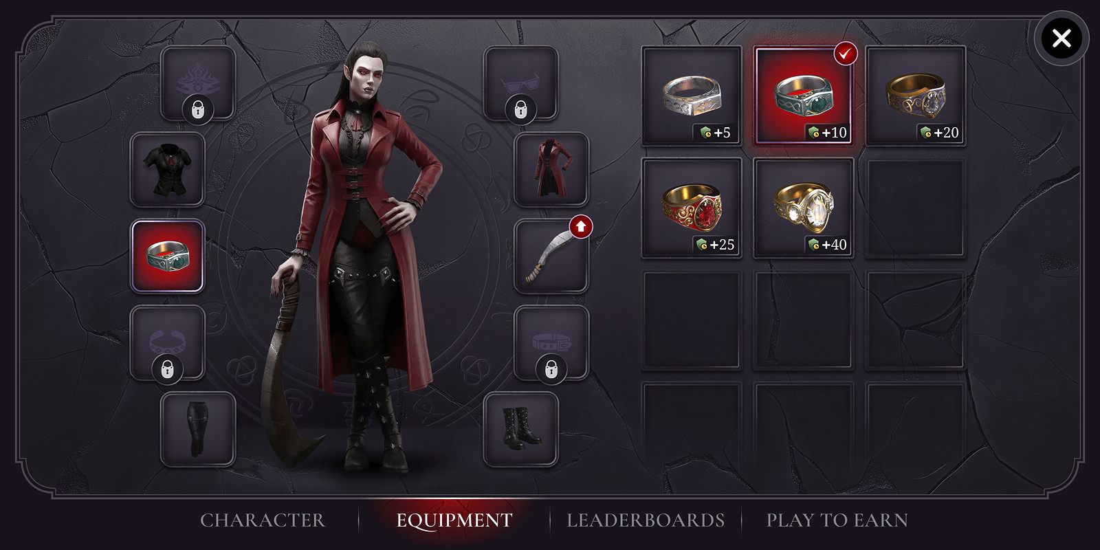 A female character equipped with various weapons and gear in a game inventory screen.