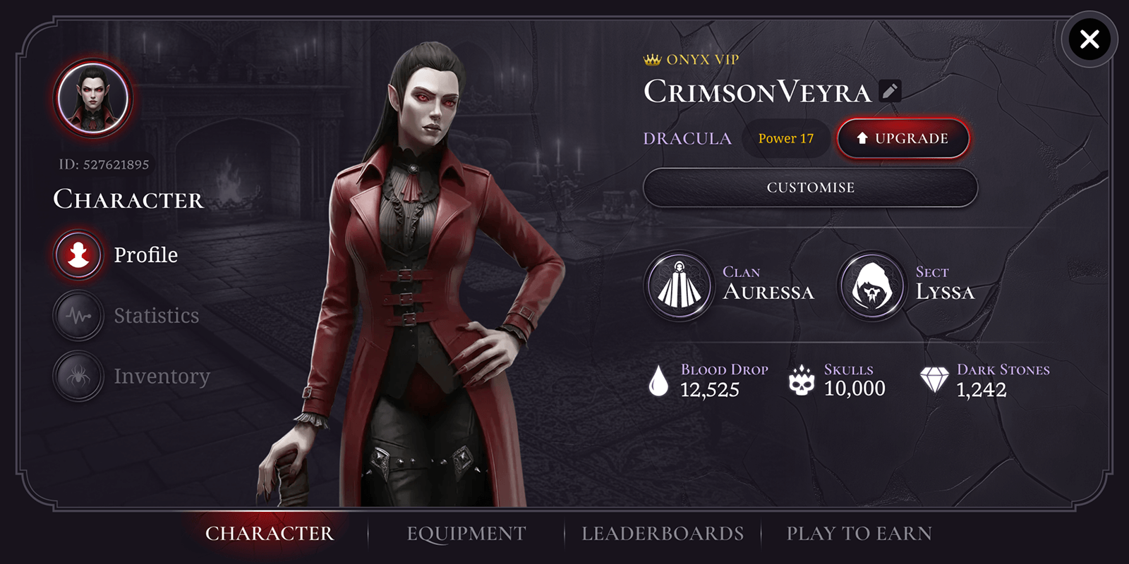 A female vampire character in a red and black outfit, standing with hand on hip, in a dark game interface.