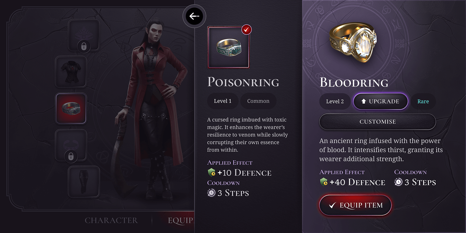 A female character with a red jacket and dark pants, standing with her hand on her hip, surrounded by game icons.