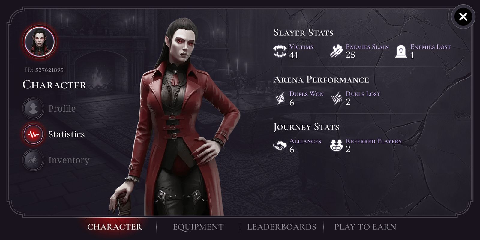 A female character in a red and black outfit standing in a dark, gothic environment with game stats displayed.