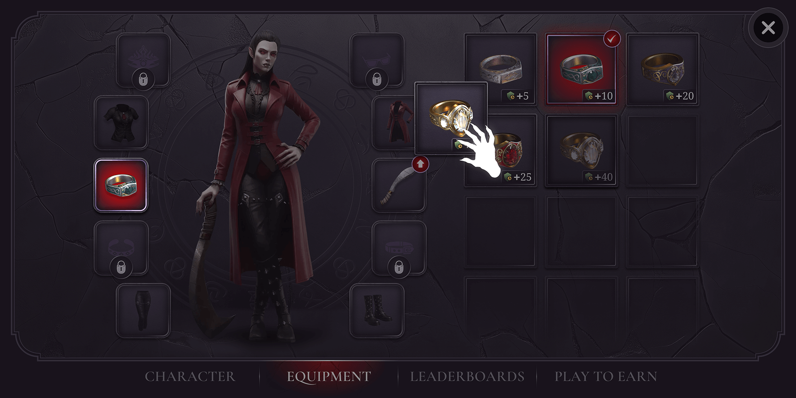A woman in a red coat selecting equipment from a game inventory screen.