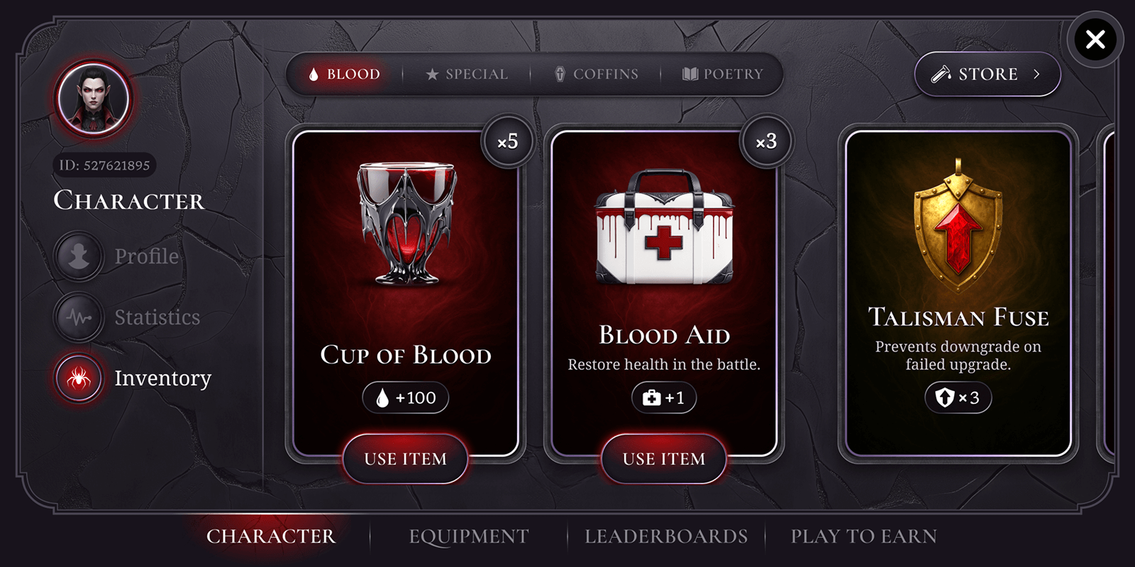 A blood-themed game interface showing a cup of blood, blood aid, and a talisman fuse with icons and stats.