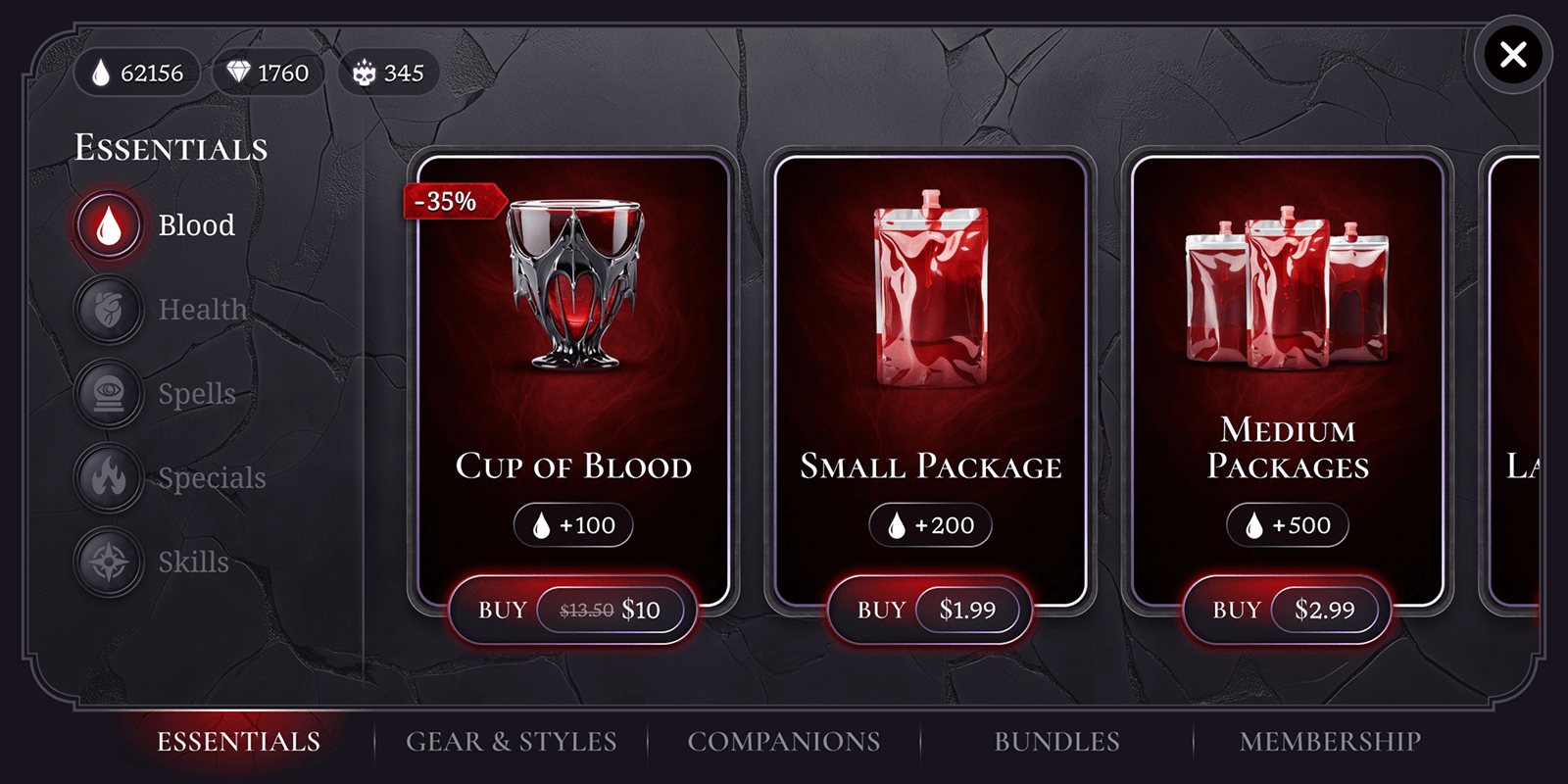 A selection of in-game purchase options including blood, small, medium, and large packages with prices.