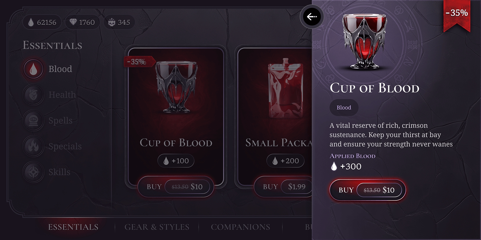 A glass of blood-themed potion with a red liquid and a small package of similar items in the background.