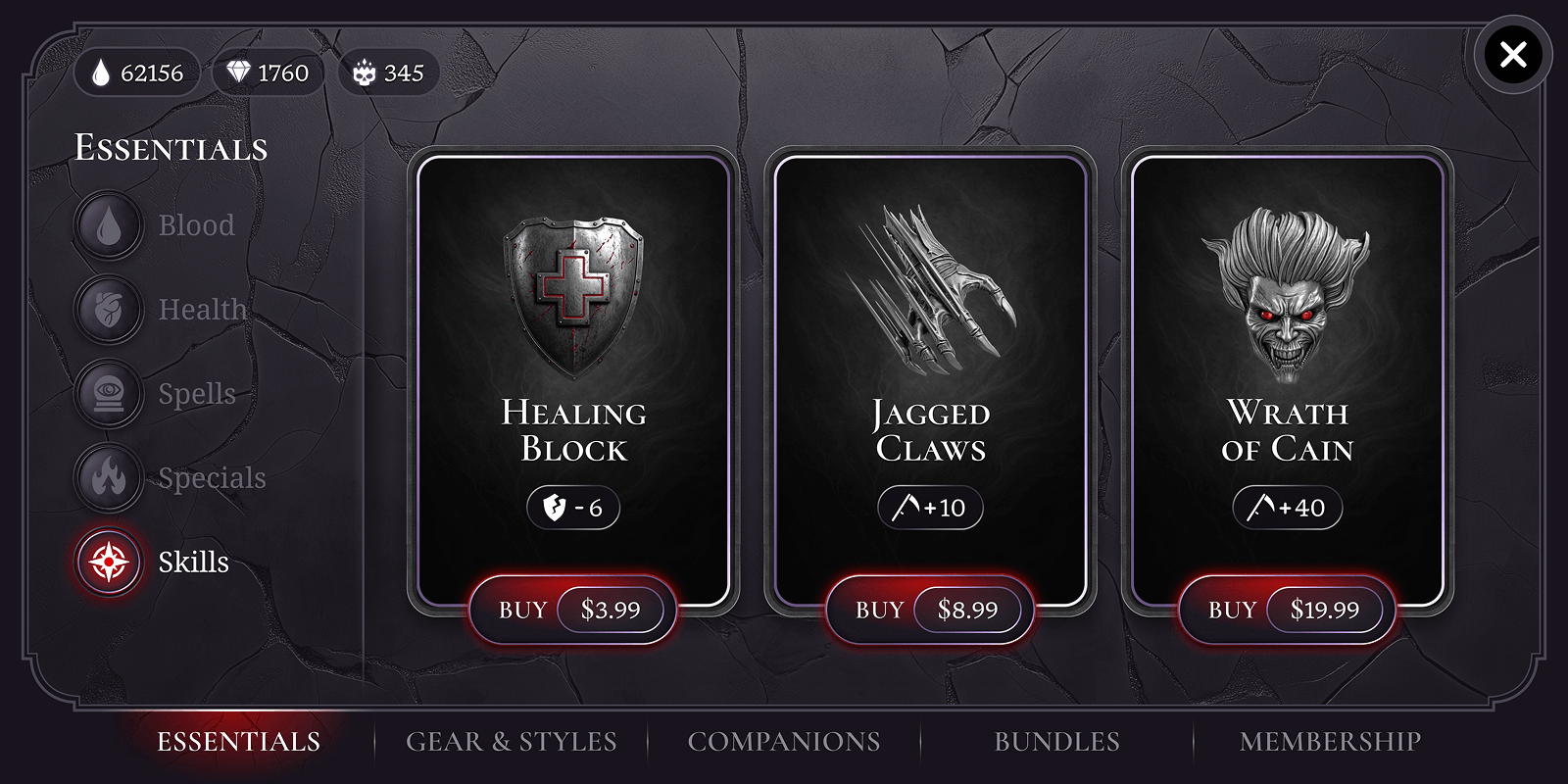 Healing block, jagged claws, and Wrath of Cain items displayed with prices and upgrade levels.