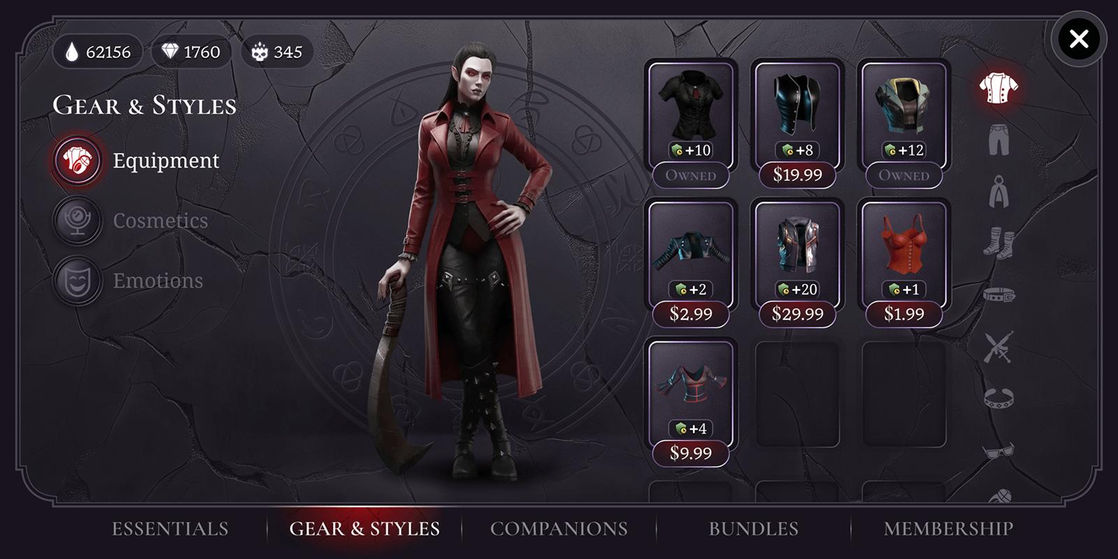 A woman in a red coat and black outfit stands in a game inventory screen with gear and styles options.