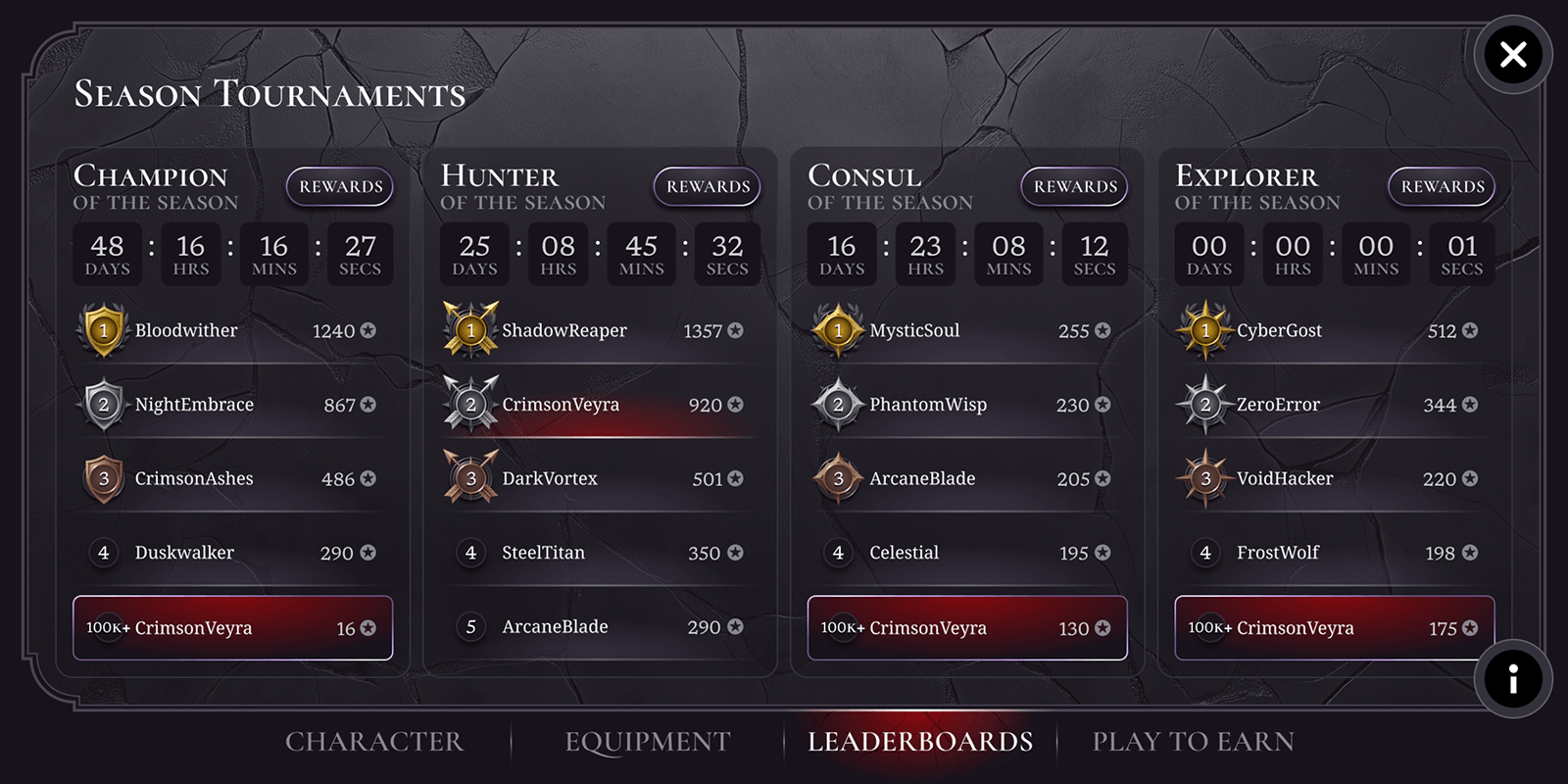 Bloodwhisper and ShadowReaper characters, with equipment and leaderboard scores displayed on a dark-themed interface.