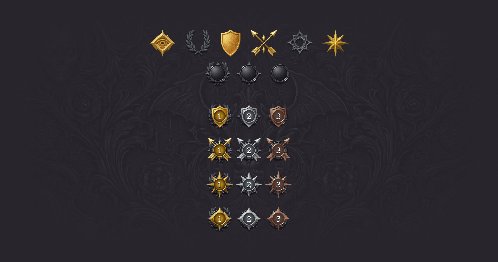 Collection of various medals, badges, and symbols arranged vertically on a dark ornate background.