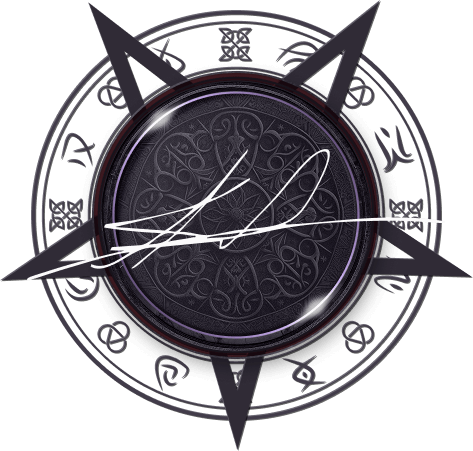 A clock with a dark background, featuring a compass rose and intricate decorative patterns.