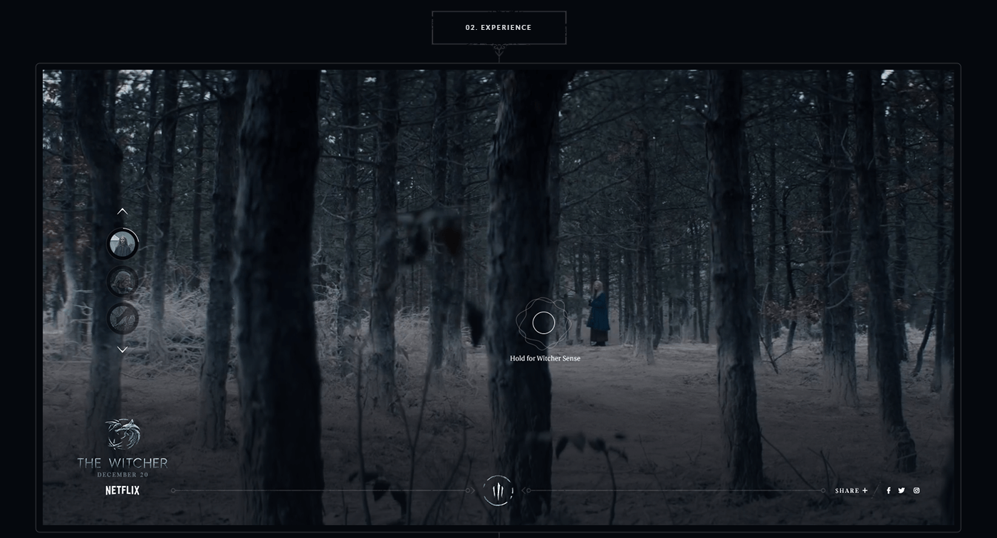 A dense, dark forest with tall trees and a person walking along a snow-covered path.