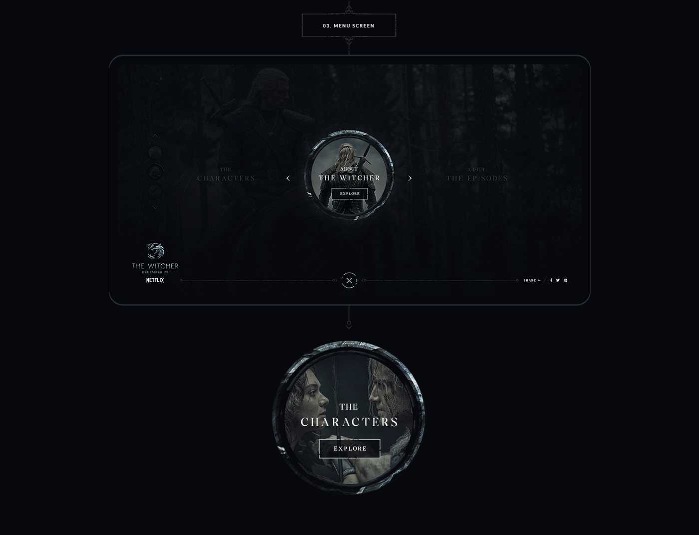 The image shows a dark-themed video game menu screen with options for characters and episodes, featuring circular icons and a central explore button.