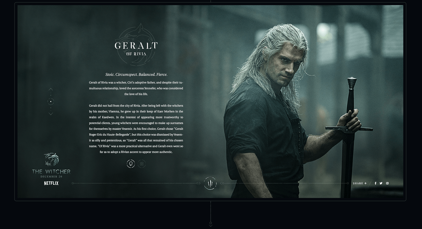 Geralt of Rivia from The Witcher series, with long grey hair, holding a sword, in a misty forest setting.