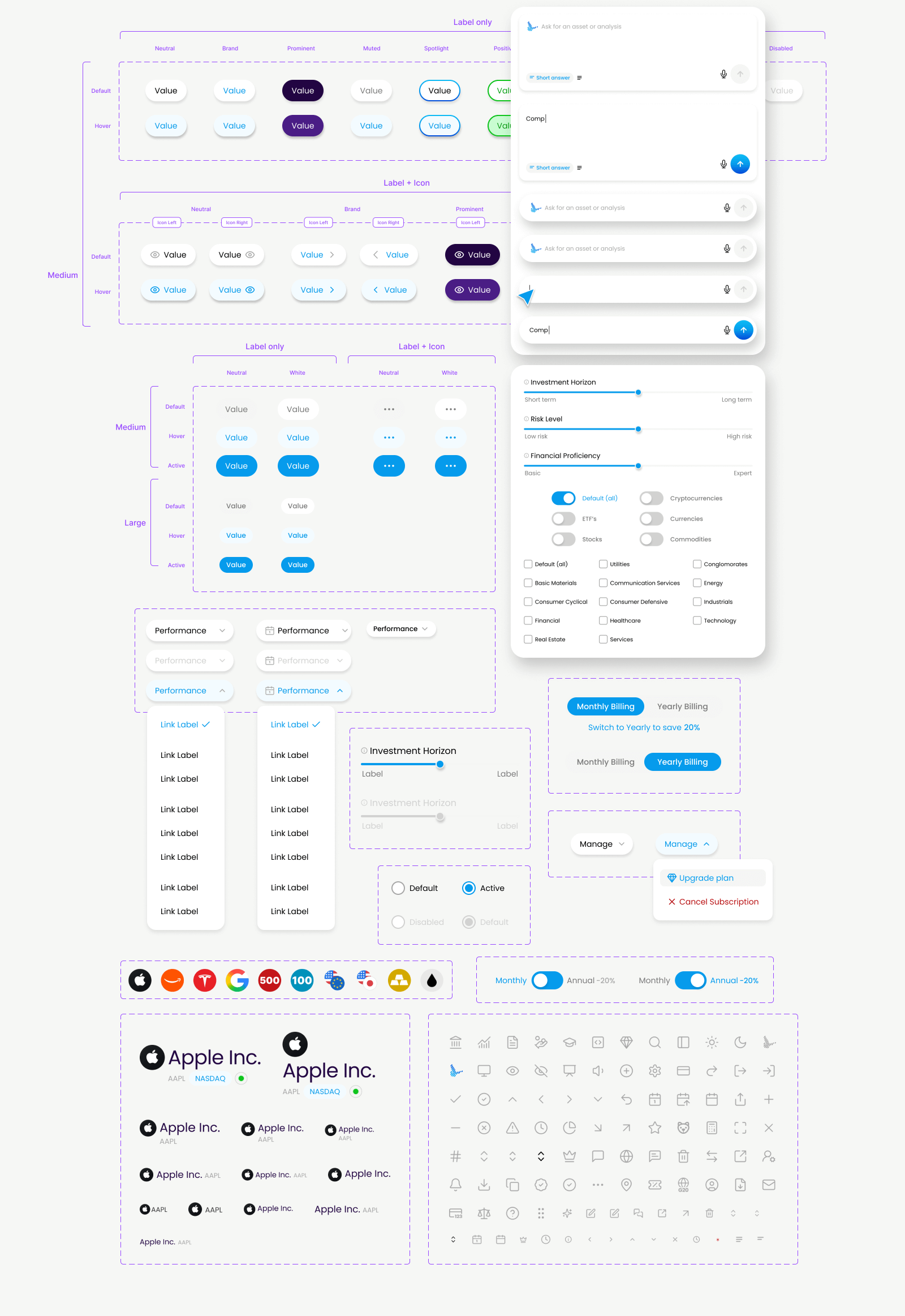 A comprehensive user interface design with various buttons, toggles, icons, and layout options for a digital application.