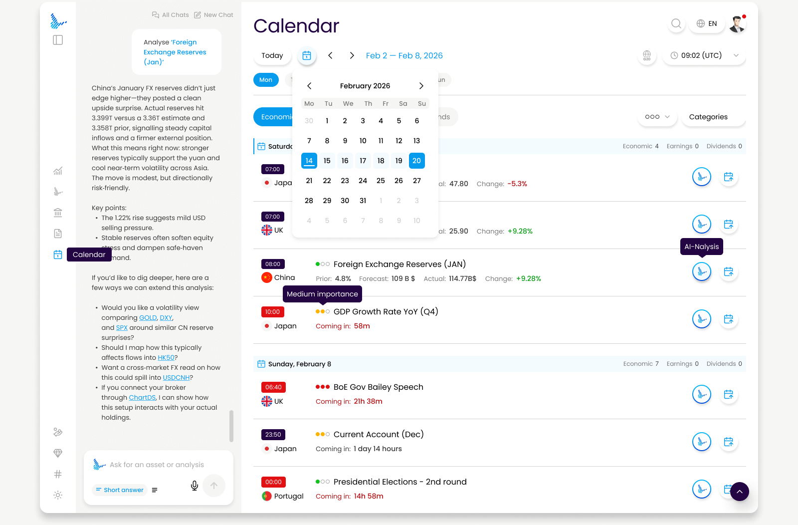 A calendar interface showing dates, events, and currency exchange rates for February 2026.