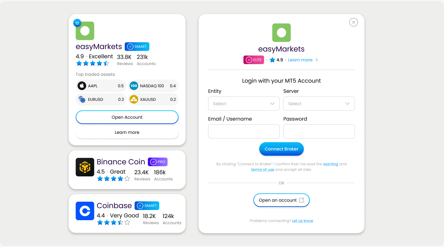 A colourful login screen for easyMarkets and Coinbase with options for account access and cryptocurrency trading.