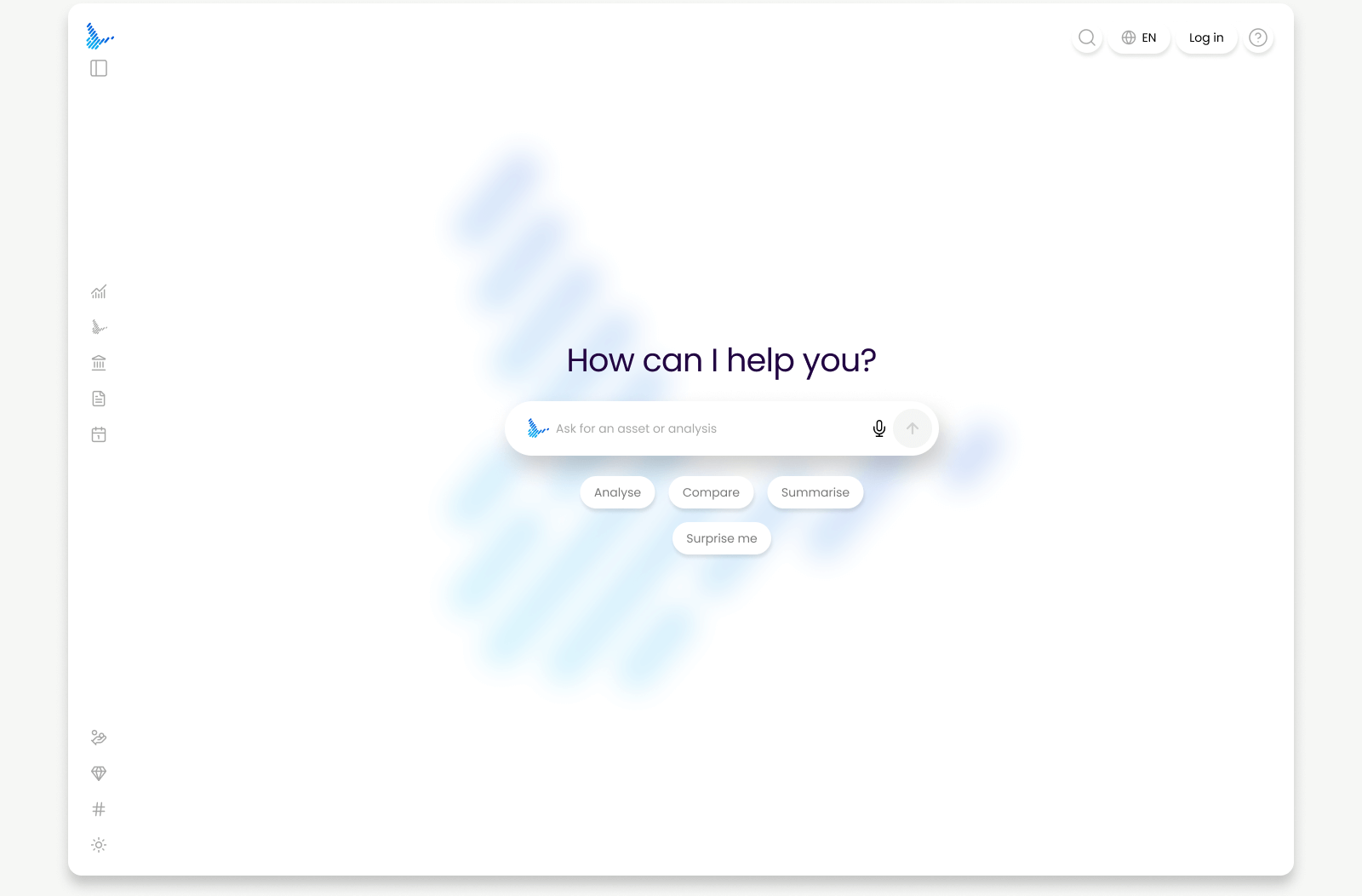 A person using a digital assistant interface with a search bar and options for analysis, comparison, summarising, and surprises.