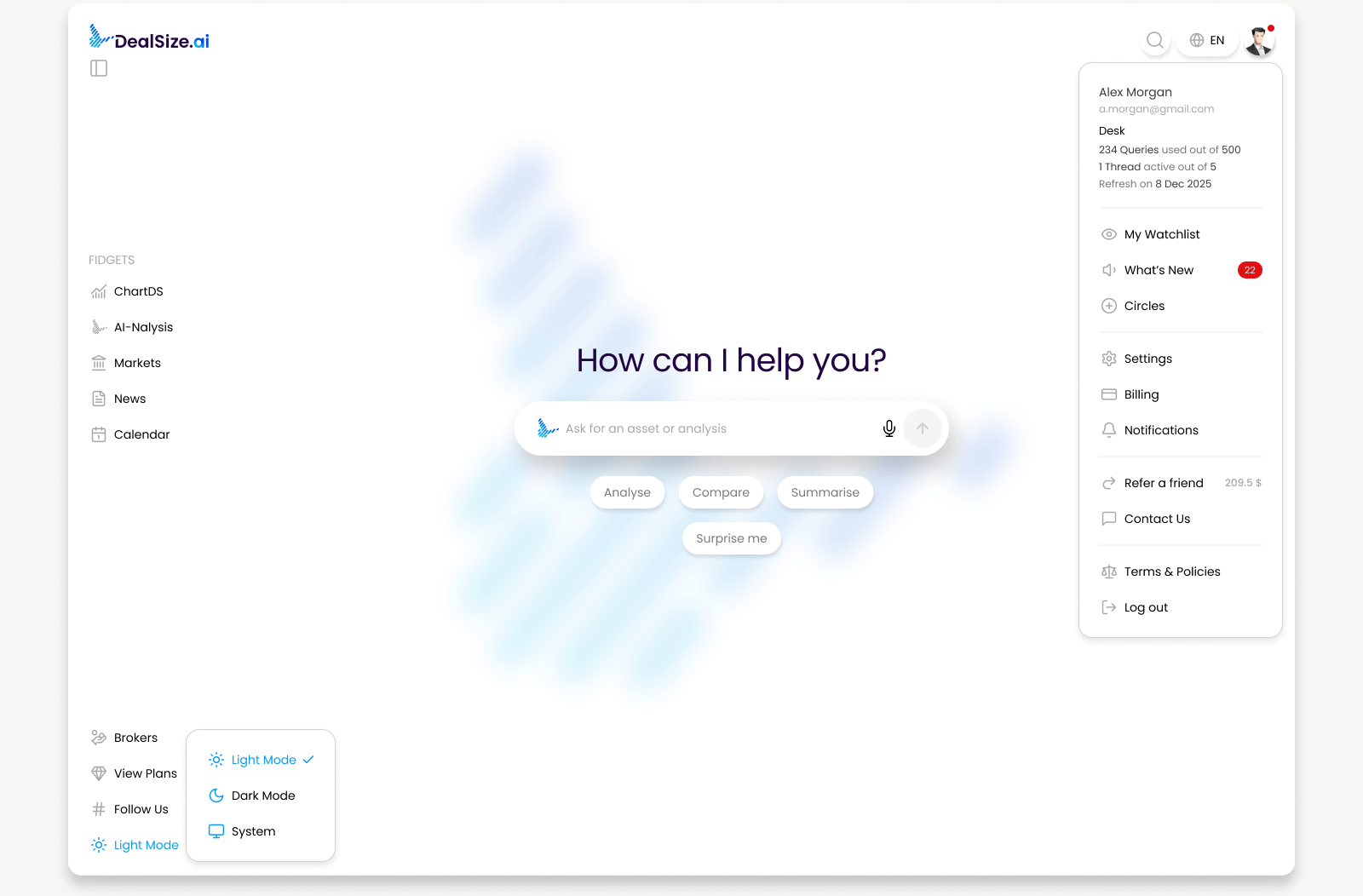 A screenshot of a financial analysis platform's dashboard showing a search bar, user profile, and menu options on the right side.