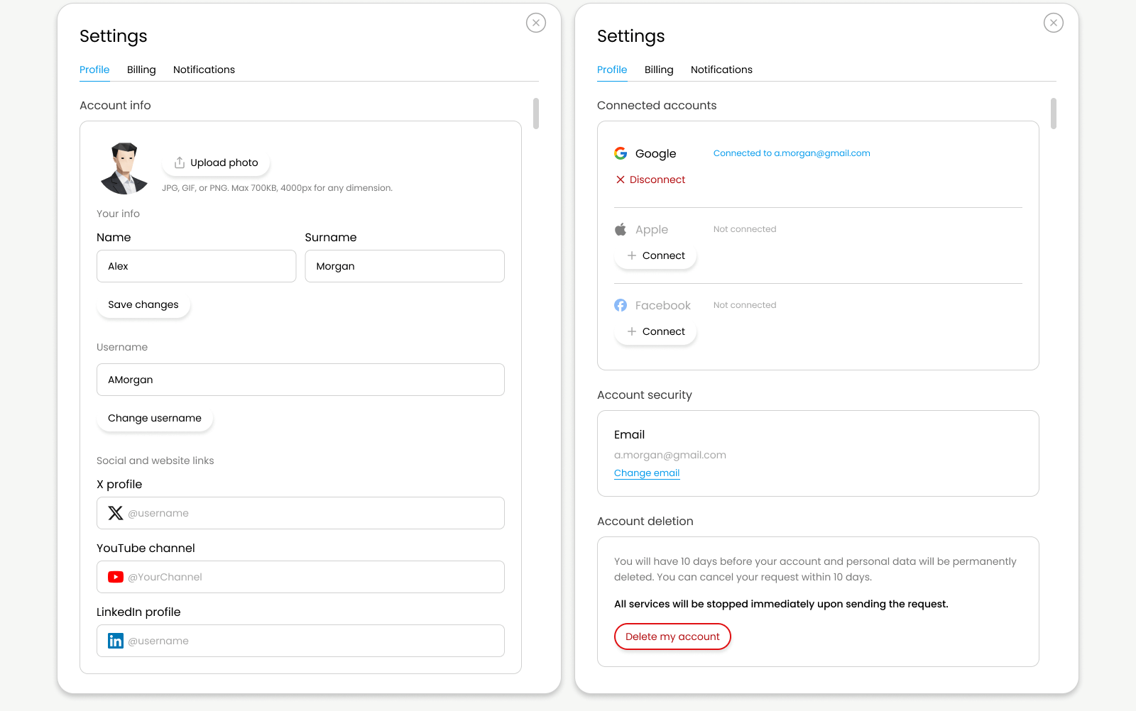 A screenshot of account settings page showing profile, connected accounts, security, and deletion options.