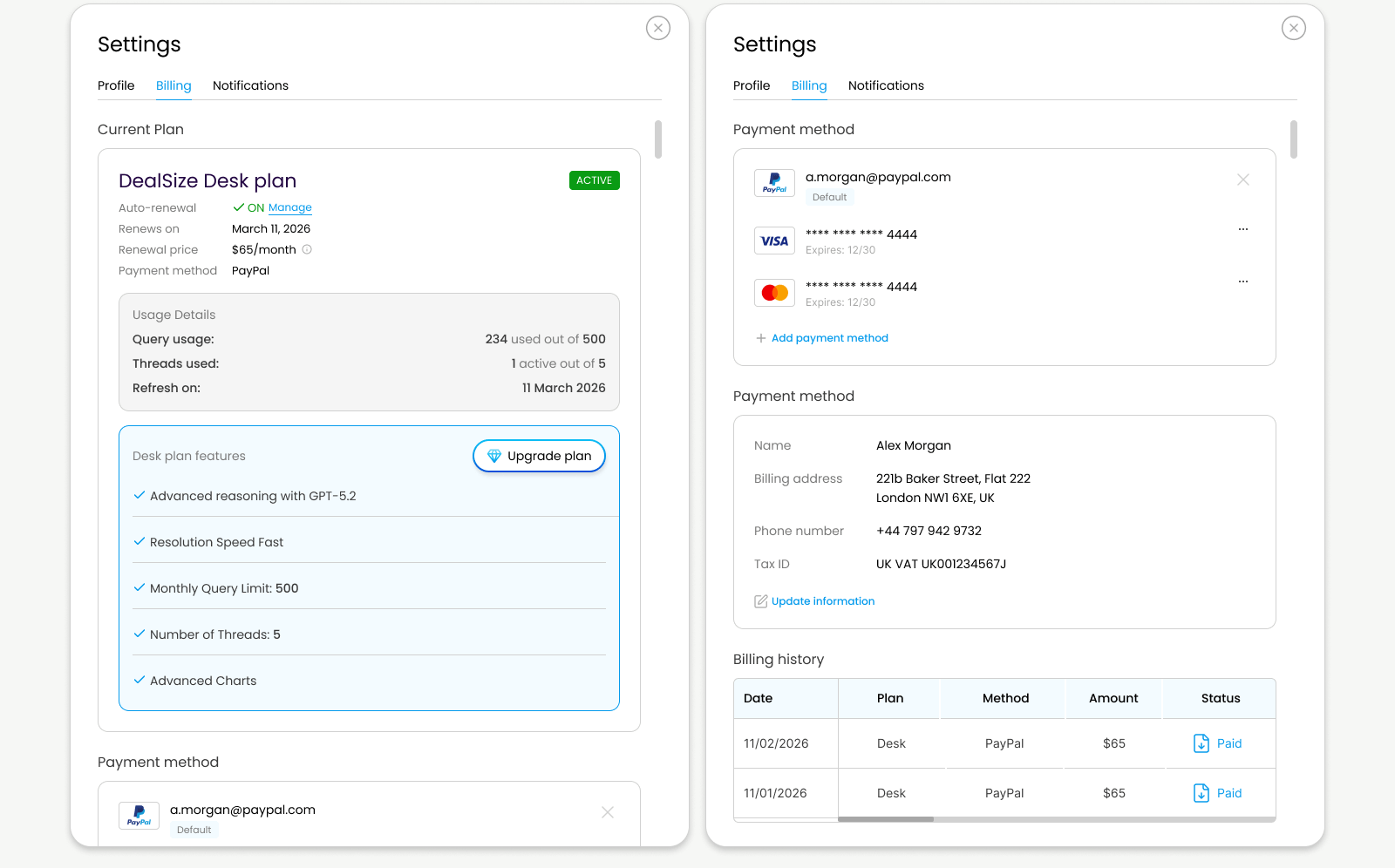 A screenshot showing a user interface with sections for settings, billing, and notifications, including plan details, payment methods, and billing history.
