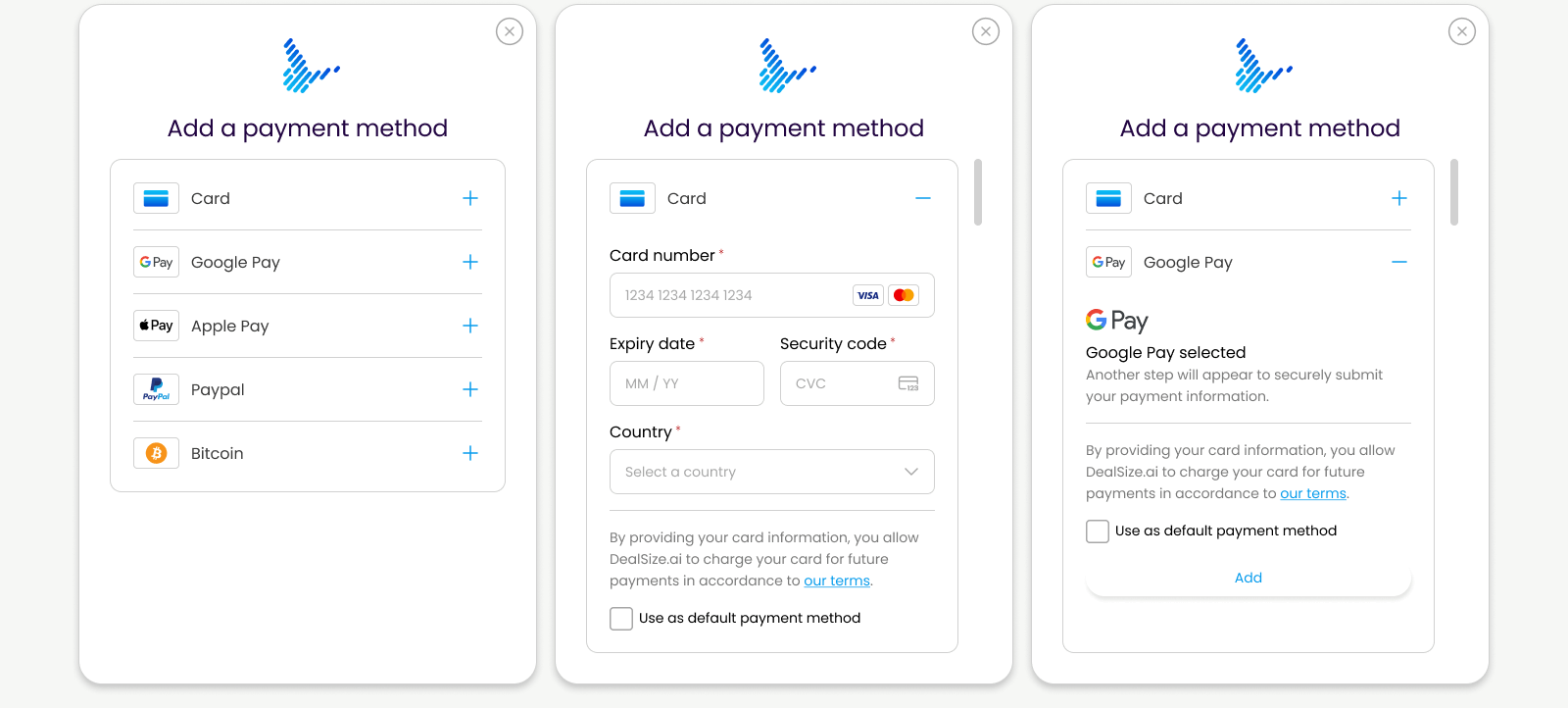 A person adding a payment method on a digital device, showing options for card, Google Pay, Apple Pay, PayPal, and Bitcoin.