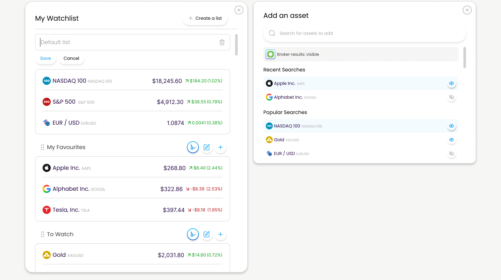 A screenshot of a digital watchlist and asset addition interface showing stock and cryptocurrency data with search options.