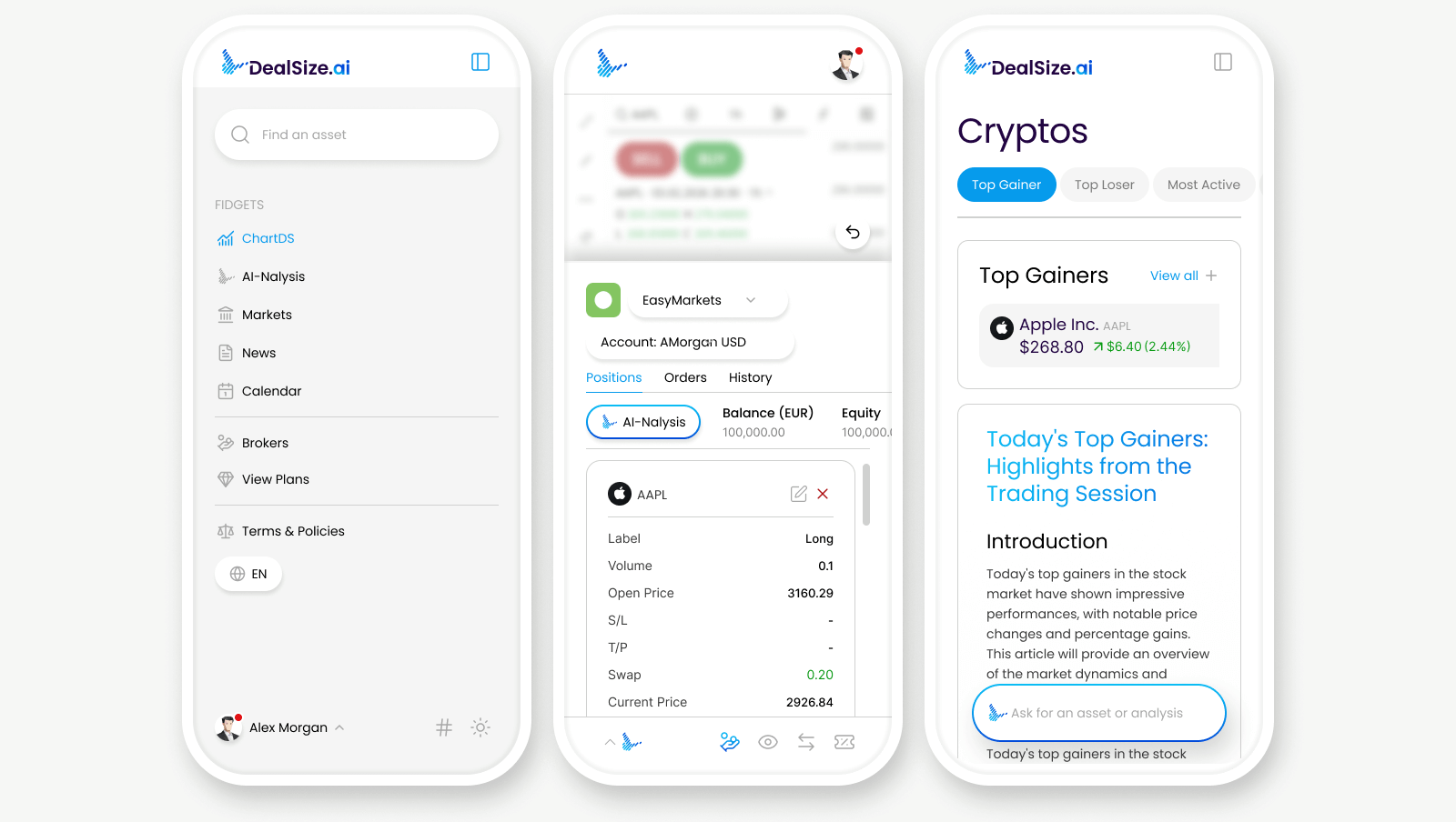 A mobile app interface displaying asset management, cryptocurrency rankings, and top gainers with graphs and account details.