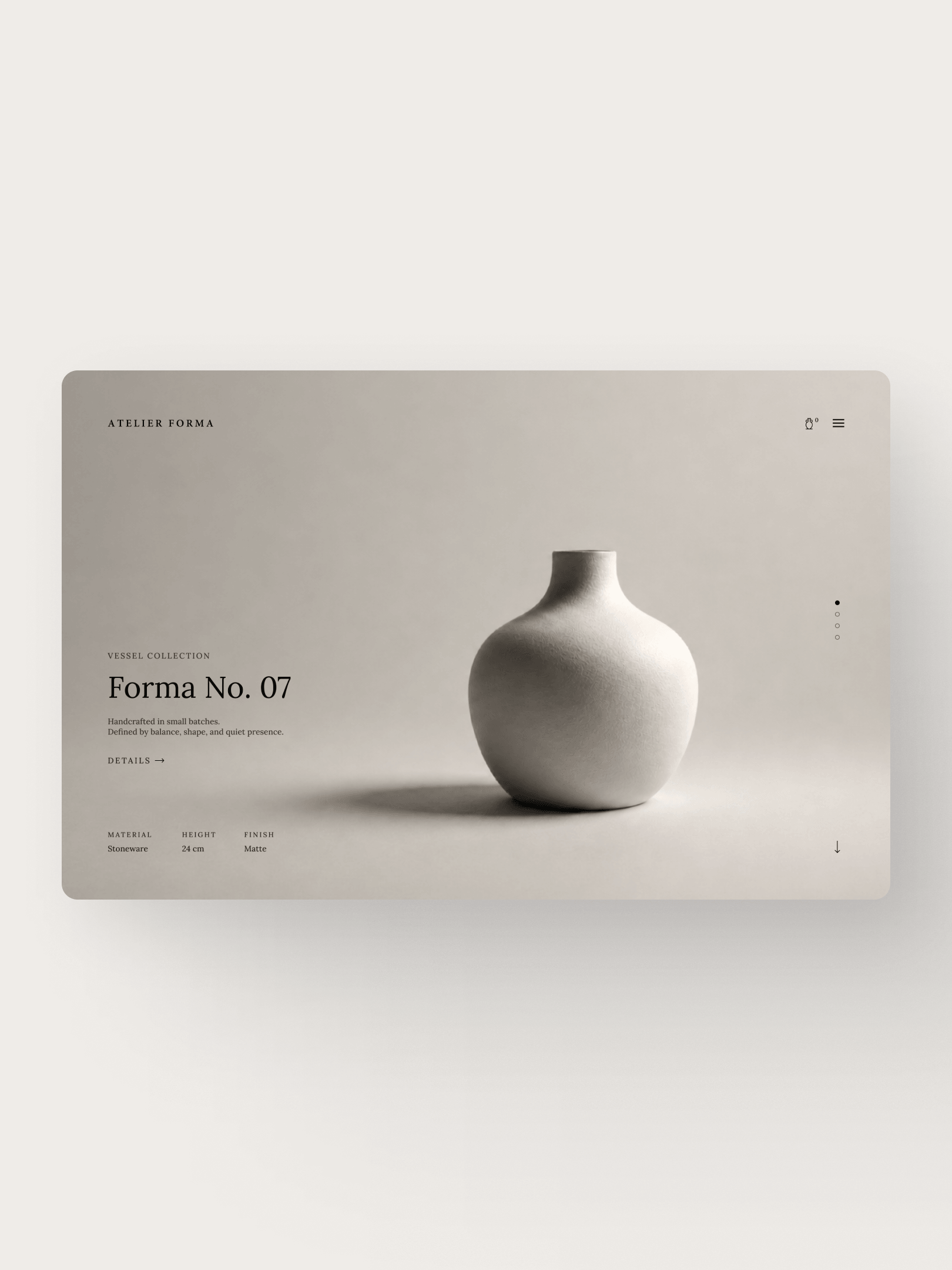 A plain white ceramic vase displayed on a minimalistic website interface with text and navigation elements.