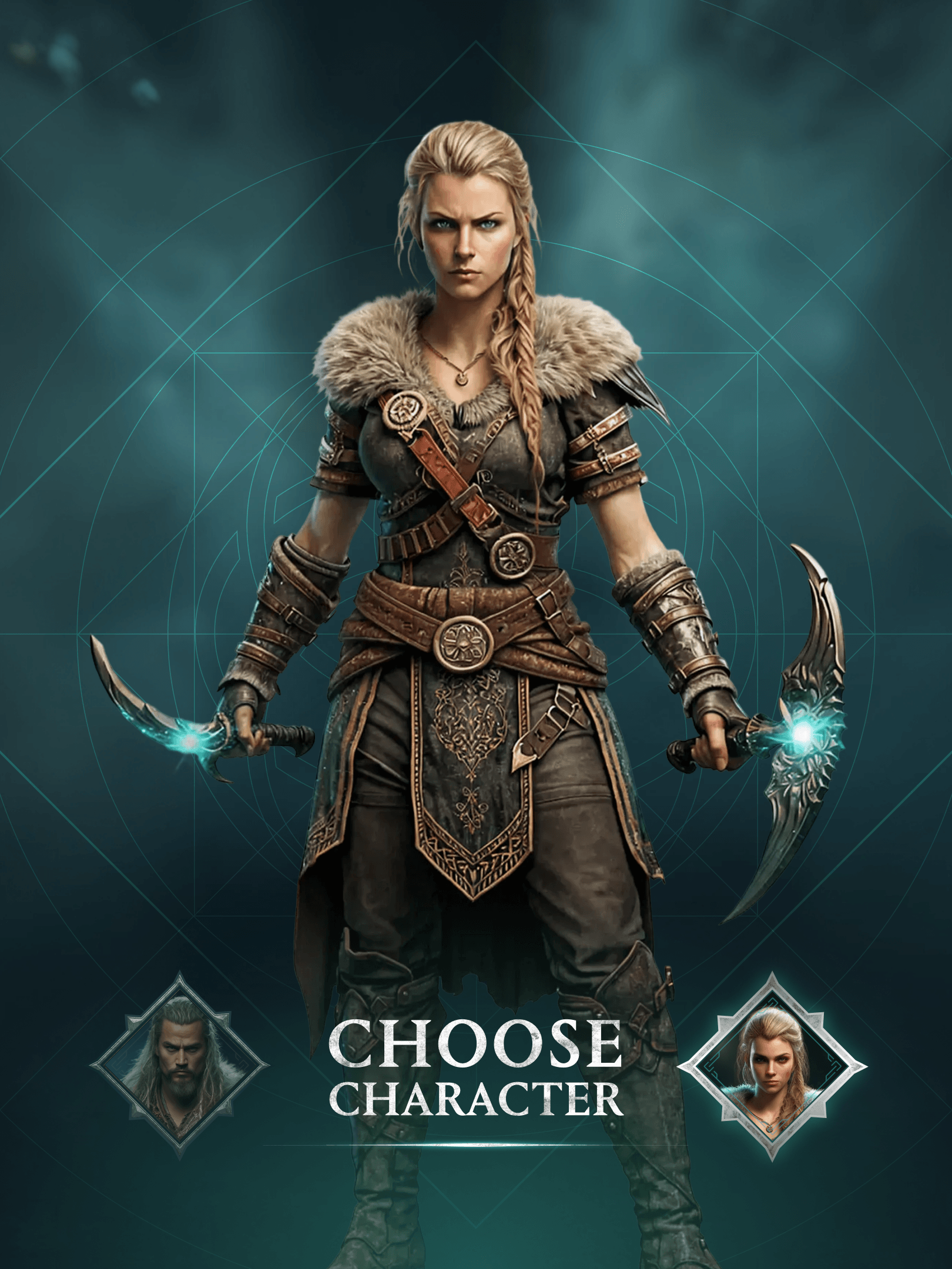 A fierce female warrior in medieval-style armour holding two glowing weapons, with options to choose her character.