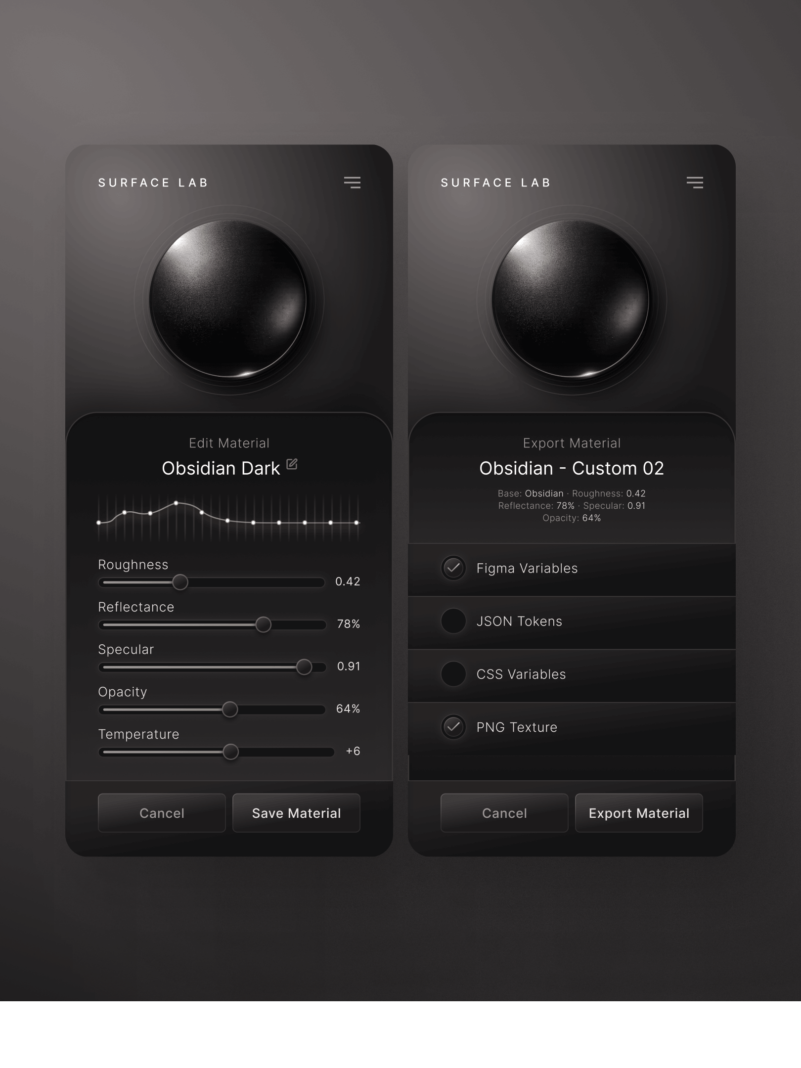 A screenshot of a digital surface material editing app showing two panels with material settings and export options.