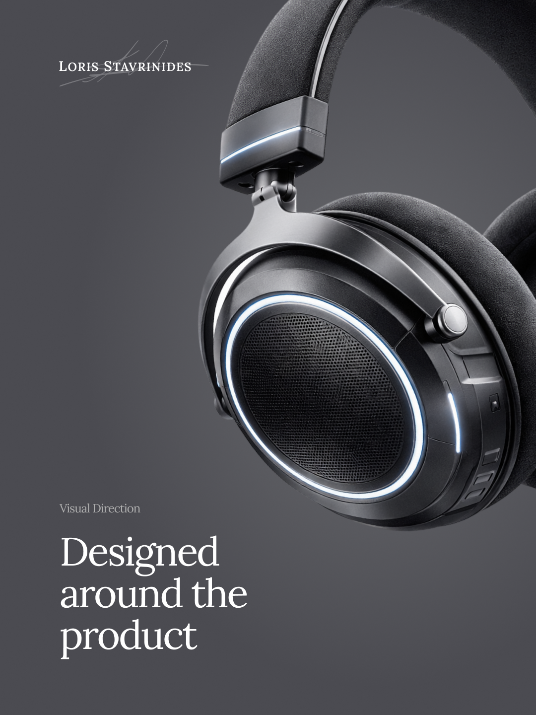 LORIS STAVRINIDES headphone with a sleek black design and illuminated ear cups.