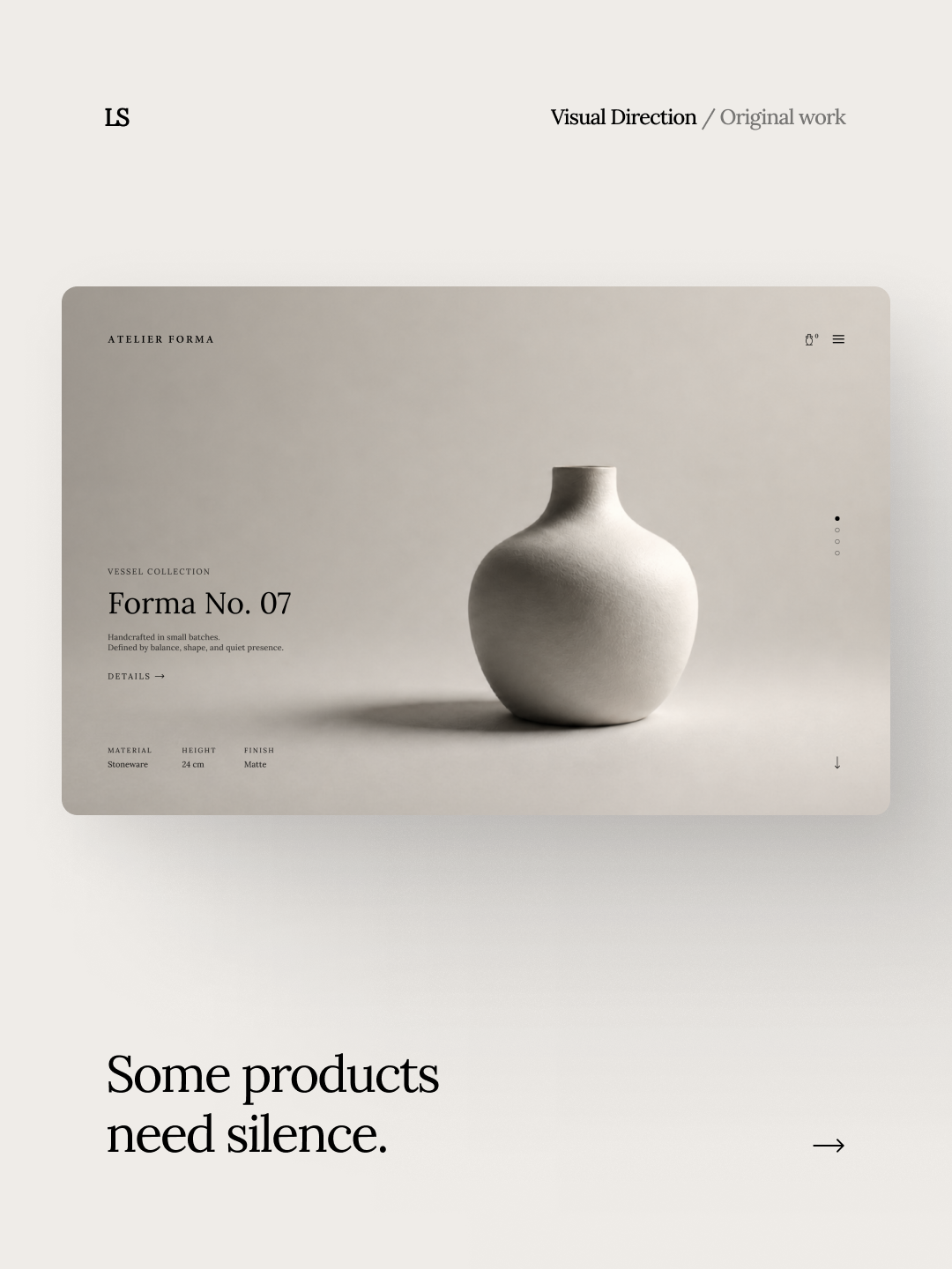 A plain white ceramic vase displayed on a minimalistic webpage with text about silence and design.