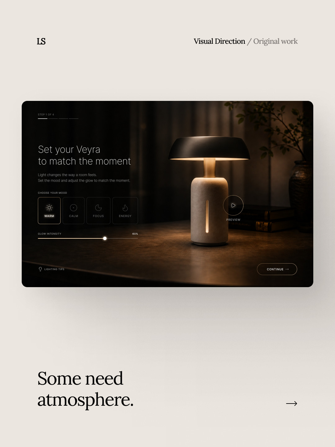 Set Veyra smart lamp on a wooden surface with a dark background and warm lighting.