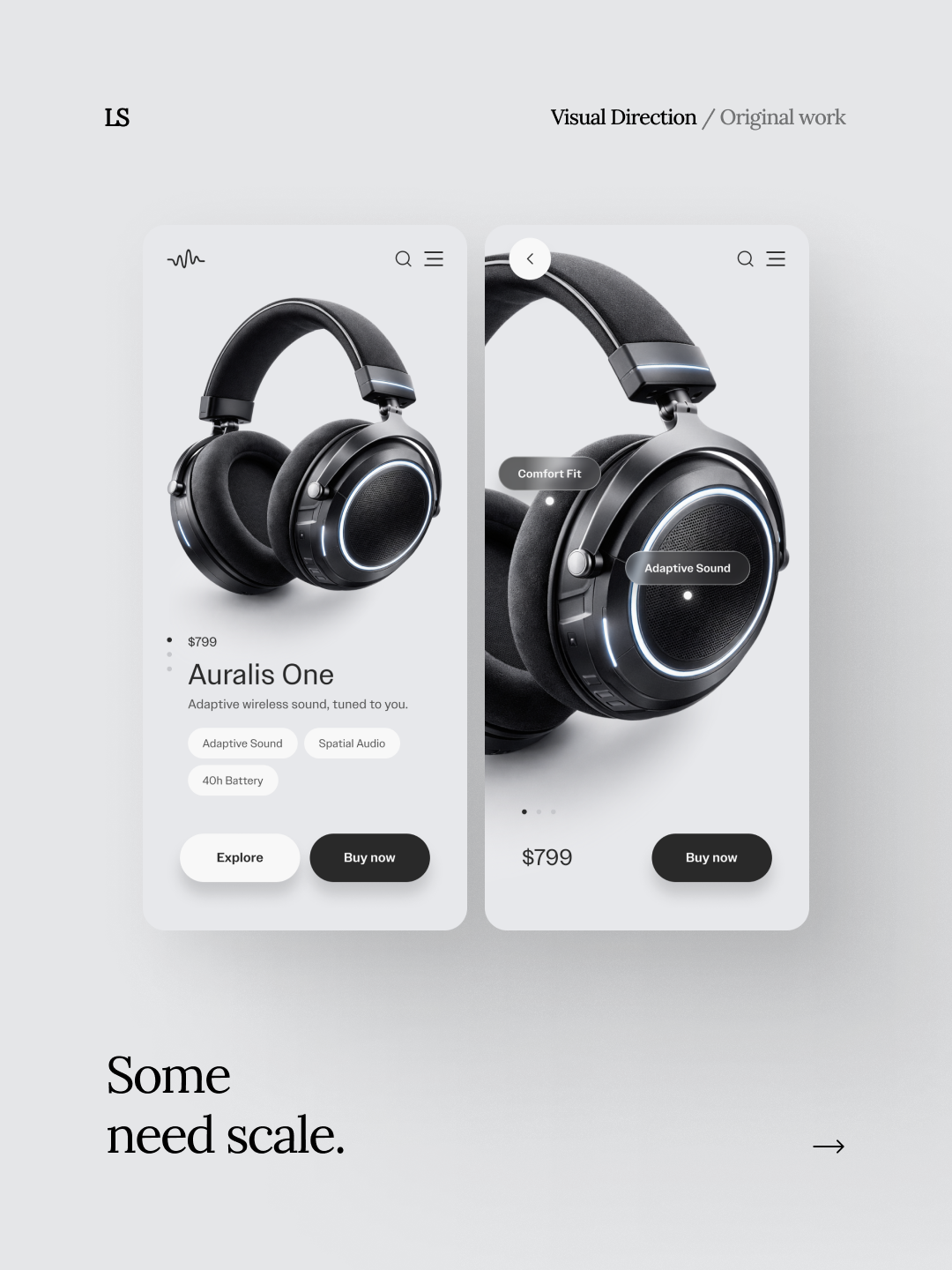 A pair of black over-ear wireless headphones displayed on a mobile app interface.