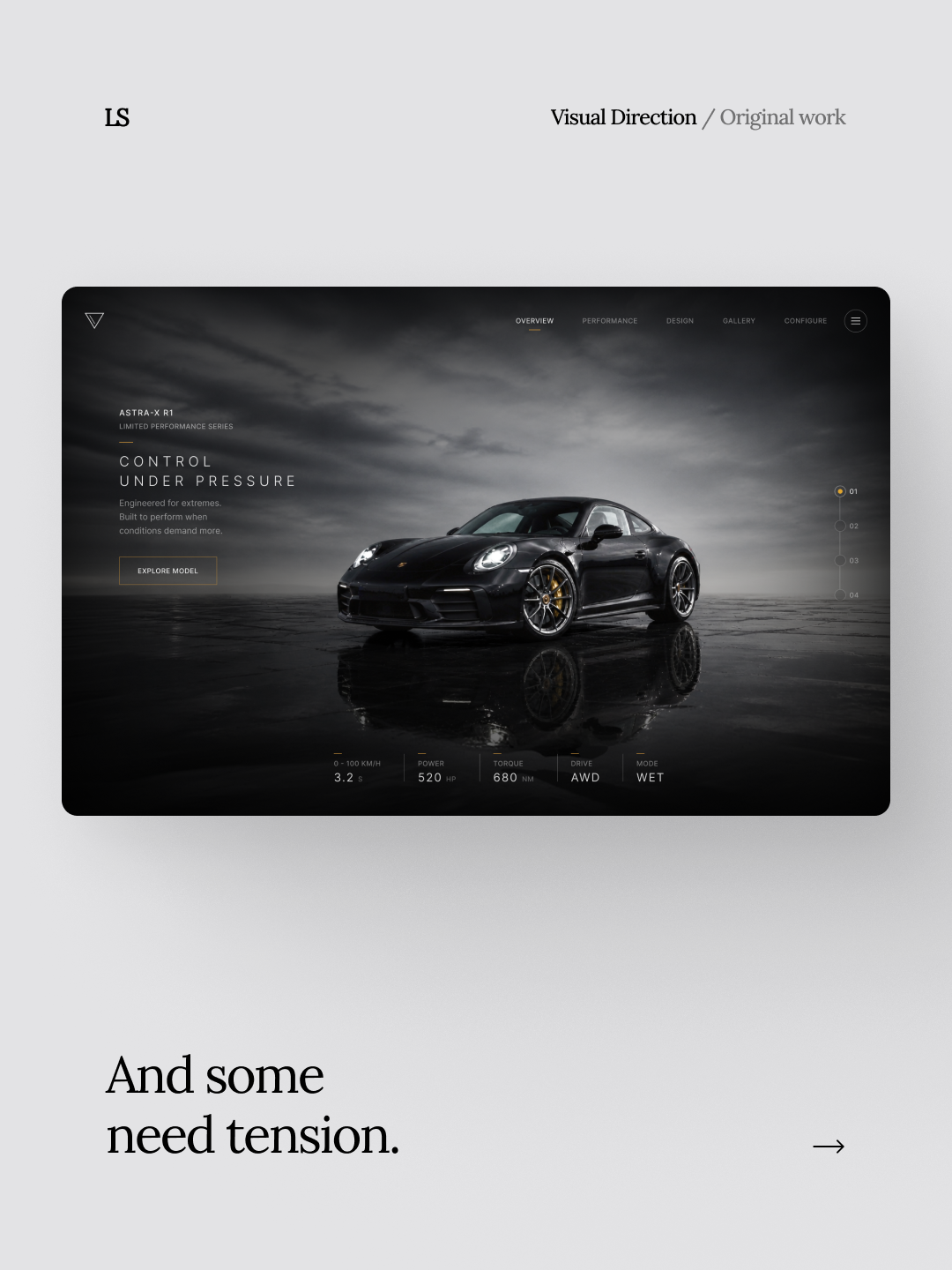 A sleek black sports car displayed on a digital interface with control options and specifications.