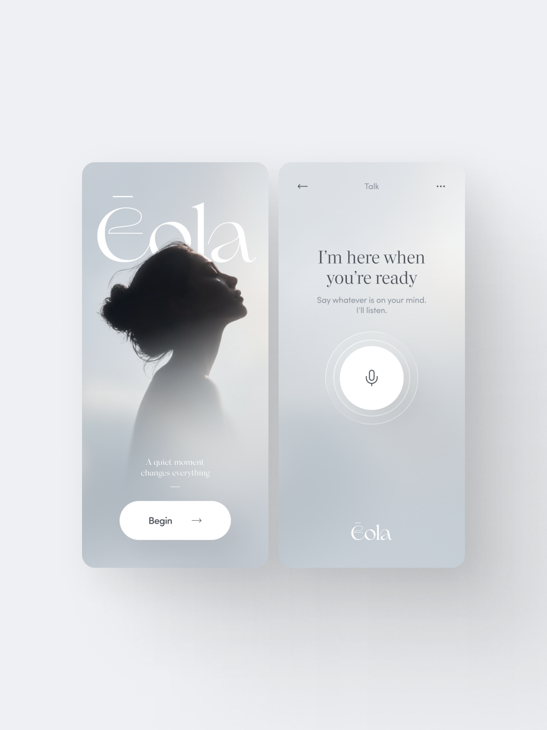 Two smartphone screens displaying the Eola app, one with a silhouette of a woman and the other with a voice command interface.