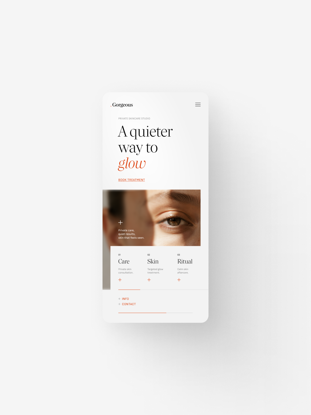 Mobile phone screen displaying a skincare website with sections for care, skin, and ritual treatments.