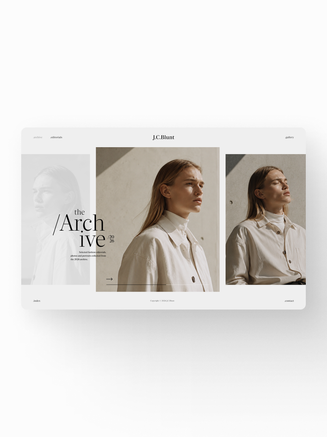 A website homepage featuring a minimalist design with a large central image of a woman in a white shirt, and text about architecture on the left side.